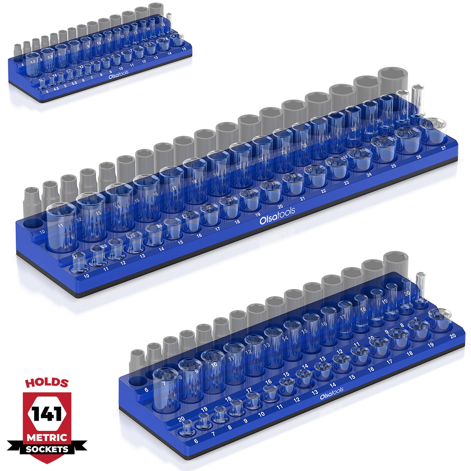 Olsa Tools | 3-Row Magnetic Socket Holder Metric / 1/4 / Blue