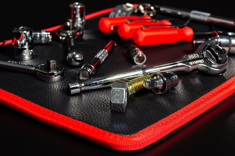 Closeup of the leatherette finish of the Olsa Tools Flexible Magnetic Tool Pad