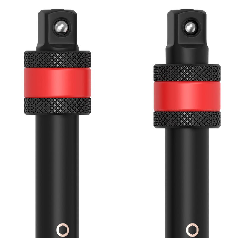 Closeup of the knurled grip on the spring-loaded locking mechanism of two locking impact socket extensions