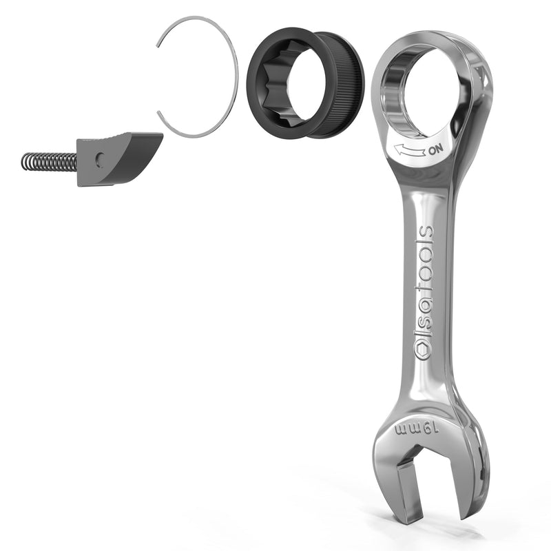 Exploded diagram view of a stubby ratcheting wrench