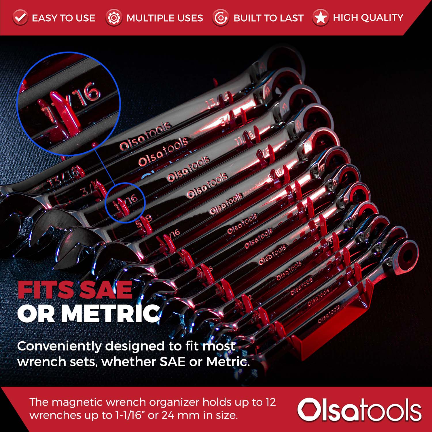 Olsa Tools Magnetic Wrench Organizer (Red), Wrench Holder Fits Wrenches  SAE 3/8 Thru 15/16 & Metric 10mm Thru 19mm