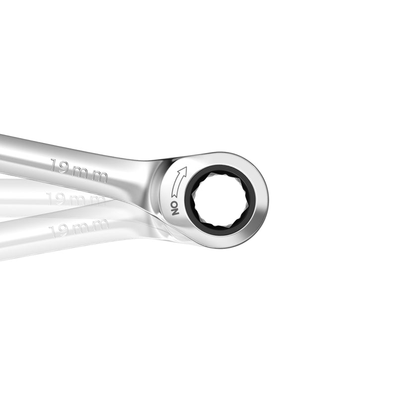 Box end of a ratcheting wrench that doubles as a bolt extractor.