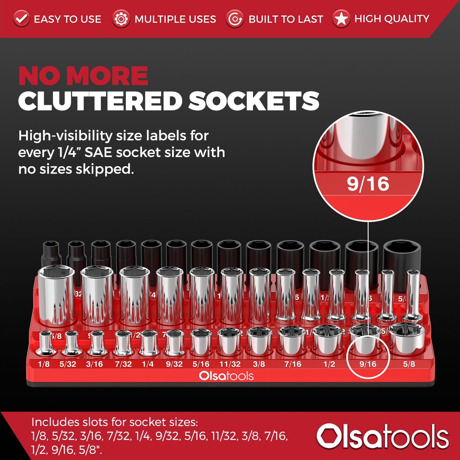 Olsa Tools 3-Row Magnetic Socket Organizer - 1/4", 3/8" &amp; 1/2-Inch Drive Metric Socket Holder Set - Professional Tool Holder and Organizer - Stores up to 141 Sockets - Black