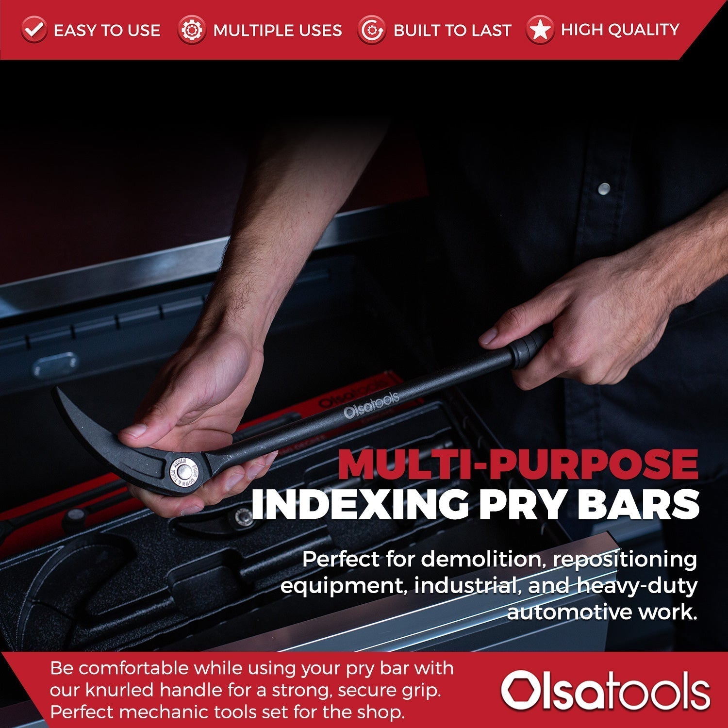 Olsa Tools 2 Piece Indexing Pry Bar Set Heavy Duty 10" and 20" Long Prybars Olsa Tools